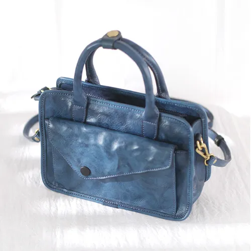 Vintage Women's Leather Blue Satchel Handbags Shoulder Bag Black Square Crossbody Bag Purse