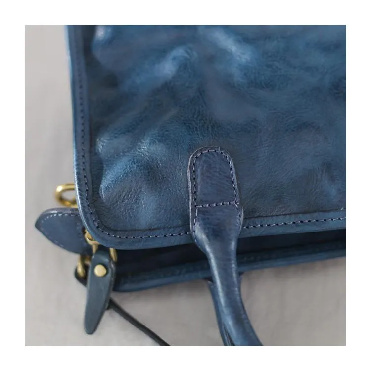 Vintage Women's Leather Blue Satchel Handbags Shoulder Bag Black Square Crossbody Bag Purse