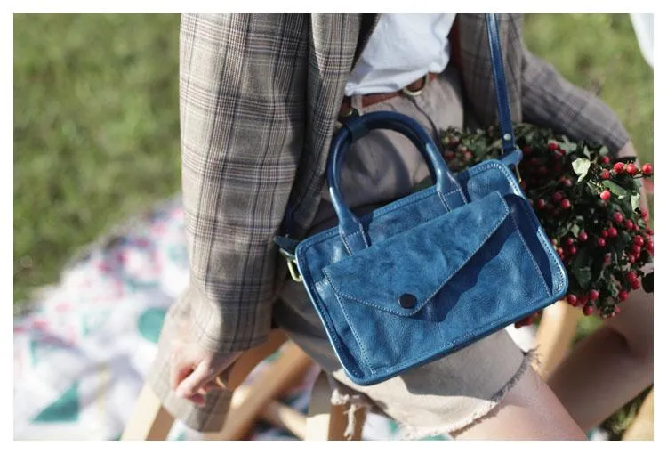 Vintage Women's Leather Blue Satchel Handbags Shoulder Bag Black Square Crossbody Bag Purse