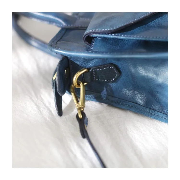 Vintage Women's Leather Blue Satchel Handbags Shoulder Bag Black Square Crossbody Bag Purse