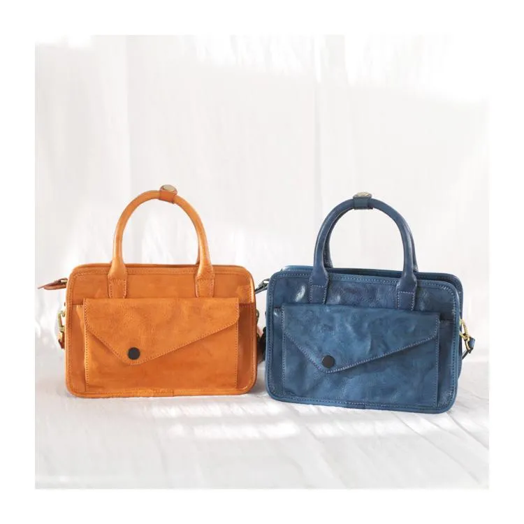 Vintage Women's Leather Blue Satchel Handbags Shoulder Bag Black Square Crossbody Bag Purse