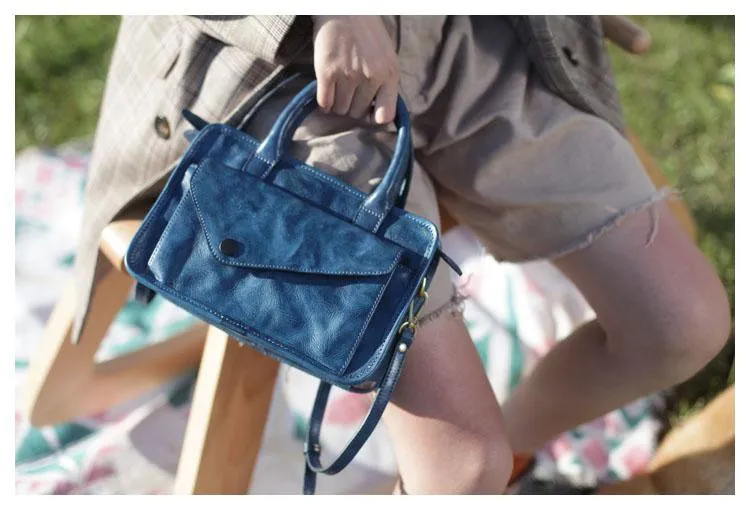 Vintage Women's Leather Blue Satchel Handbags Shoulder Bag Black Square Crossbody Bag Purse
