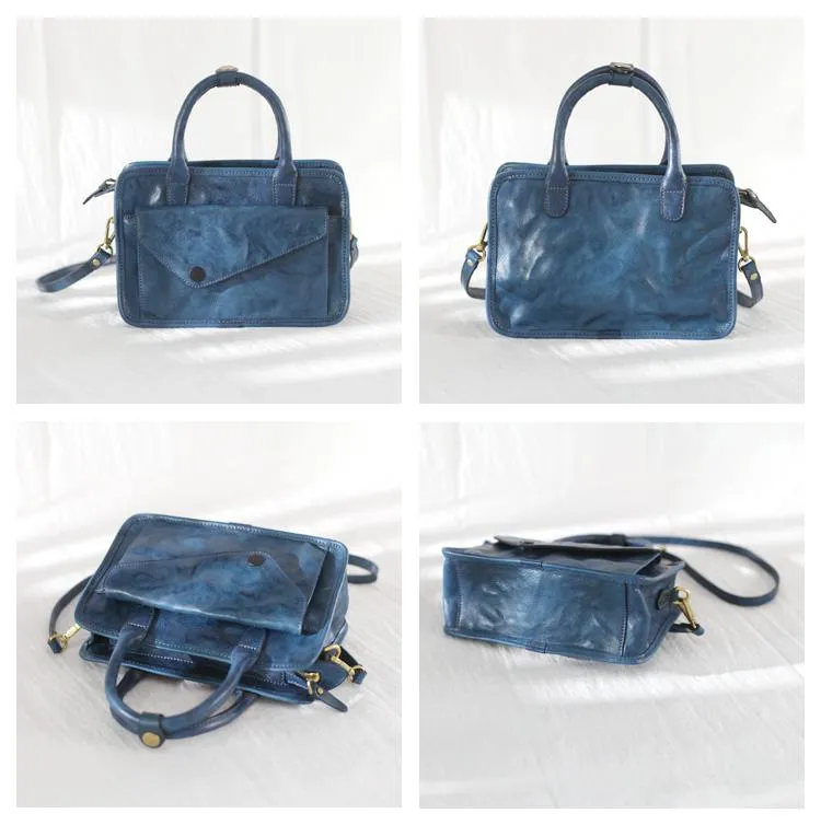 Vintage Women's Leather Blue Satchel Handbags Shoulder Bag Black Square Crossbody Bag Purse