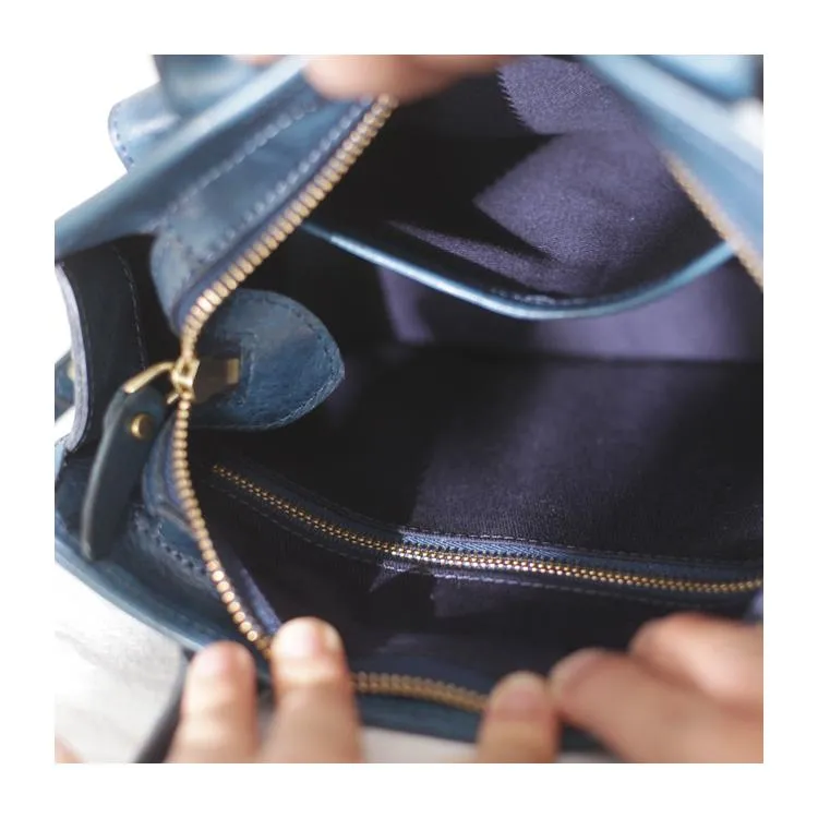 Vintage Women's Leather Blue Satchel Handbags Shoulder Bag Black Square Crossbody Bag Purse