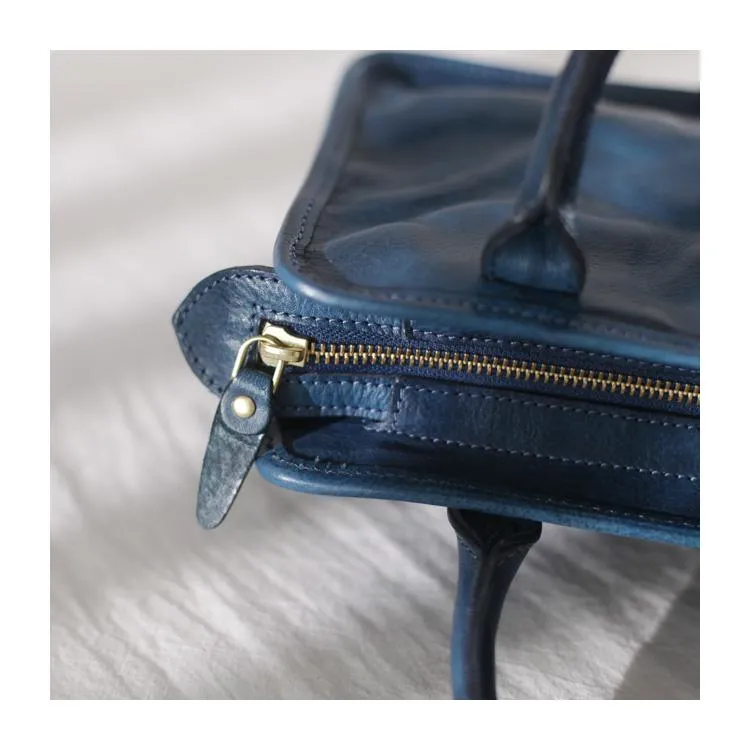 Vintage Women's Leather Blue Satchel Handbags Shoulder Bag Black Square Crossbody Bag Purse