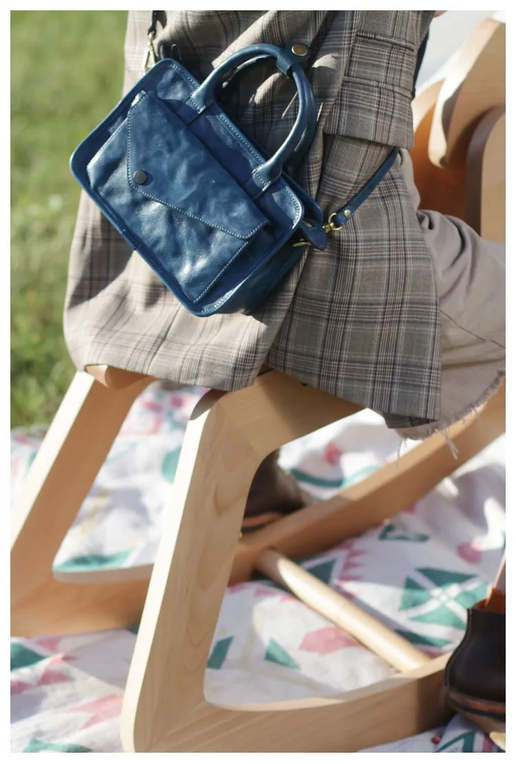 Vintage Women's Leather Blue Satchel Handbags Shoulder Bag Black Square Crossbody Bag Purse