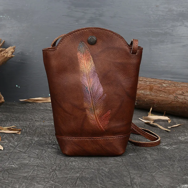 Vintage Womens Leather Shoulder Bucket Bag leather phone Bucket bag for women Side bag crossbody bag
