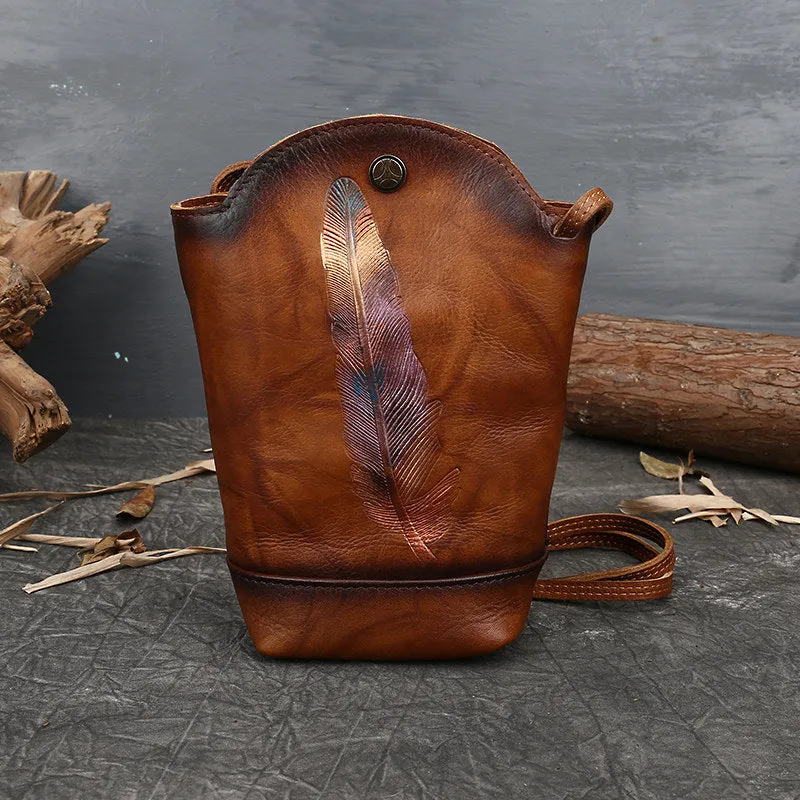 Vintage Womens Leather Shoulder Bucket Bag leather phone Bucket bag for women Side bag crossbody bag