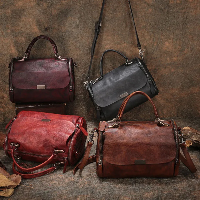 Wine Red Vintage Womens Leather Handbag Purse Handbag Rivet Shoulder Bag for Ladies