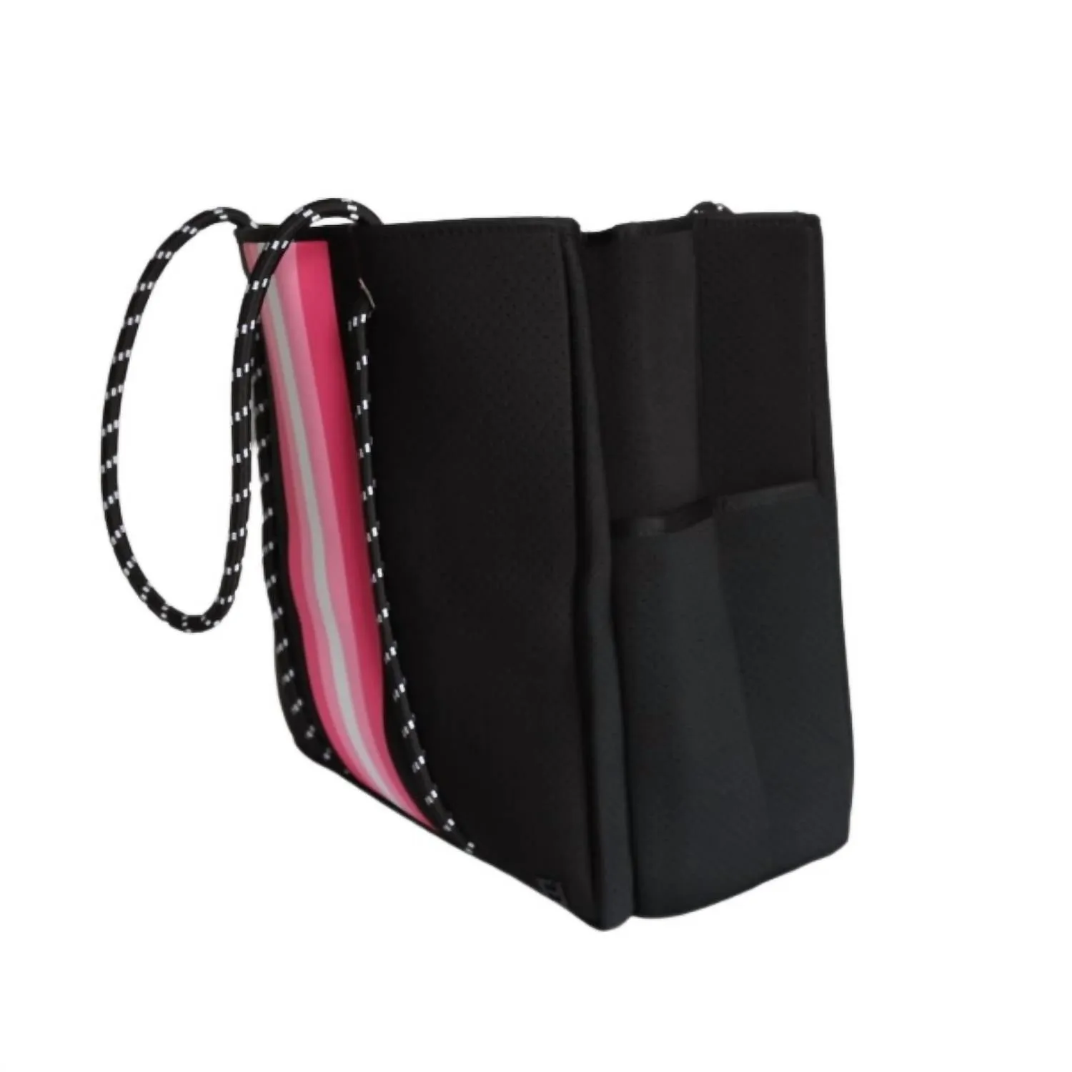 Women Courtside Small Tote Bag In Black With Pink And White Stripes