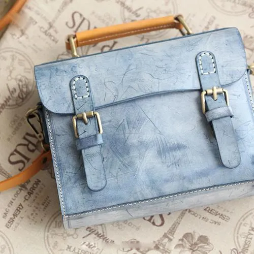 Womens Gray Leather Small Satchel Bag Waxed Leather Cambridge Small Handbag Shoulder Bag Purse for Women