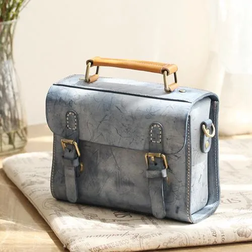 Womens Gray Leather Small Satchel Bag Waxed Leather Cambridge Small Handbag Shoulder Bag Purse for Women