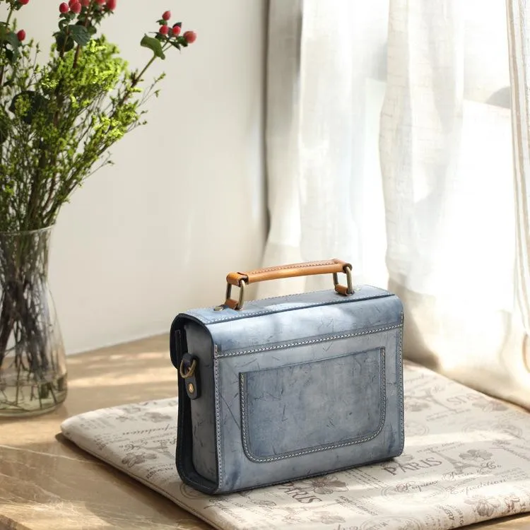 Womens Gray Leather Small Satchel Bag Waxed Leather Cambridge Small Handbag Shoulder Bag Purse for Women