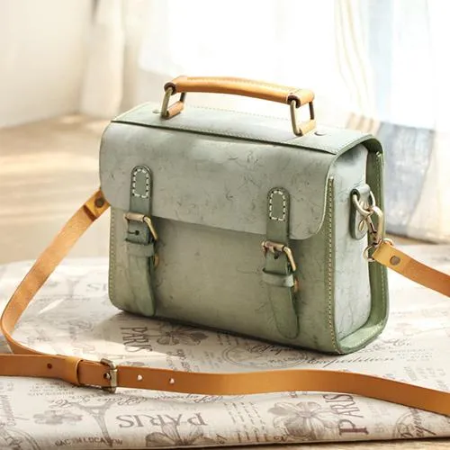 Womens Gray Leather Small Satchel Bag Waxed Leather Cambridge Small Handbag Shoulder Bag Purse for Women