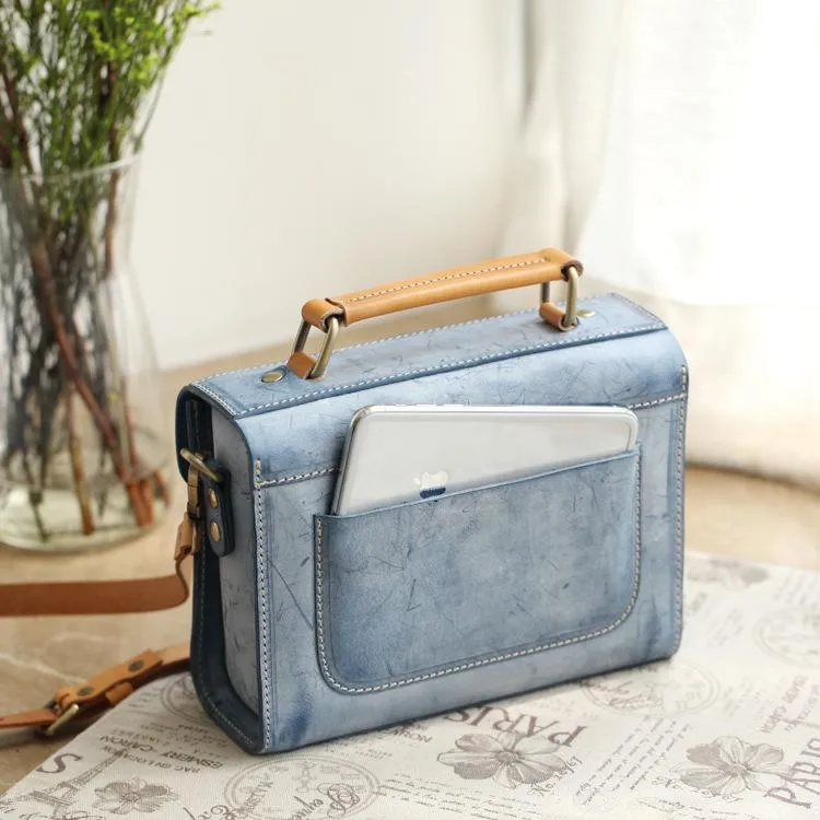 Womens Gray Leather Small Satchel Bag Waxed Leather Cambridge Small Handbag Shoulder Bag Purse for Women