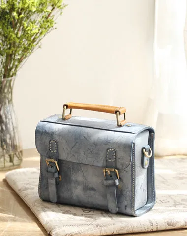 Womens Gray Leather Small Satchel Bag Waxed Leather Cambridge Small Handbag Shoulder Bag Purse for Women