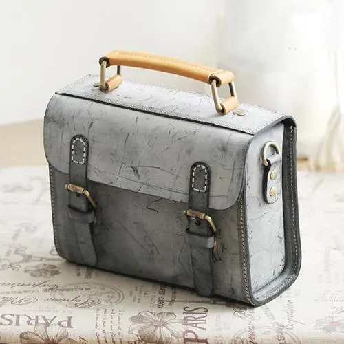 Womens Gray Leather Small Satchel Bag Waxed Leather Cambridge Small Handbag Shoulder Bag Purse for Women