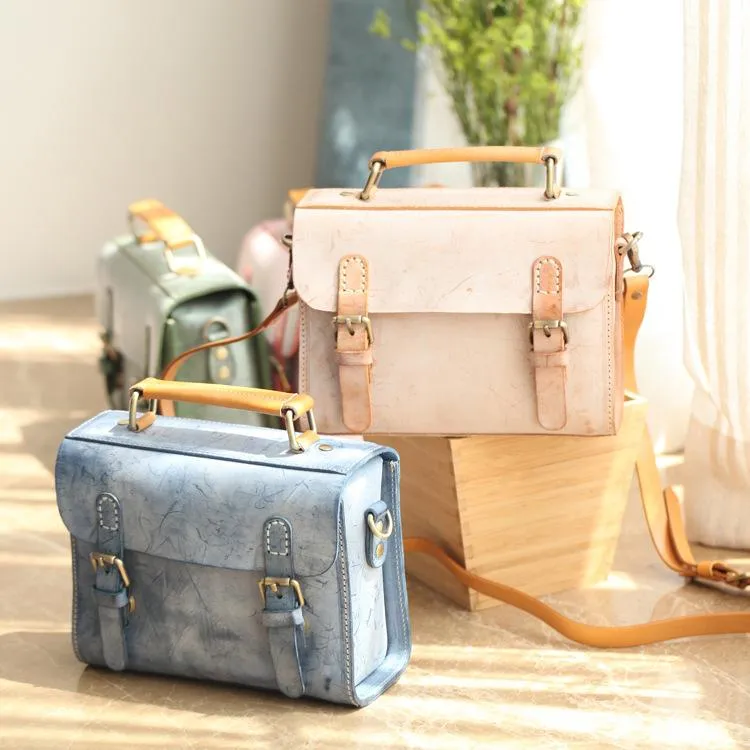 Womens Gray Leather Small Satchel Bag Waxed Leather Cambridge Small Handbag Shoulder Bag Purse for Women