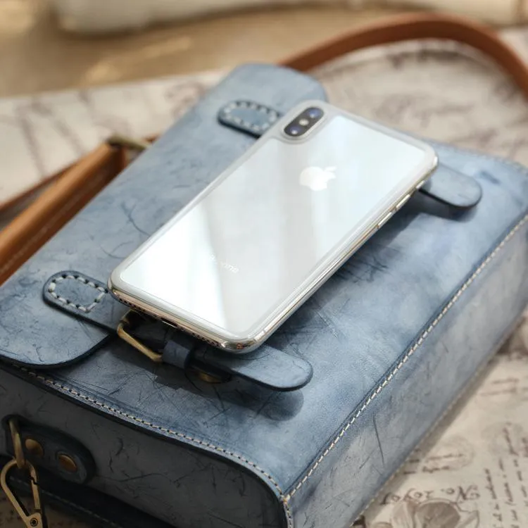 Womens Gray Leather Small Satchel Bag Waxed Leather Cambridge Small Handbag Shoulder Bag Purse for Women