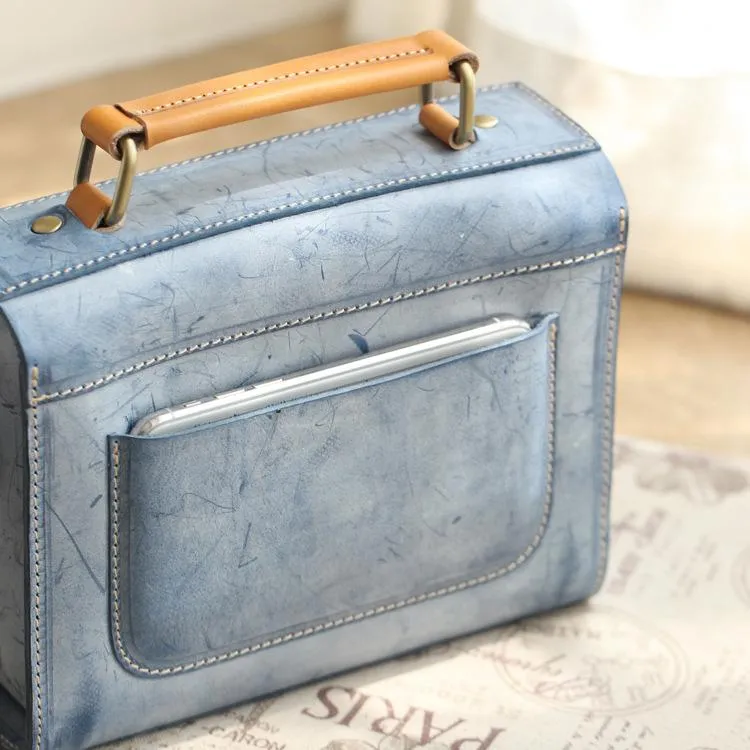 Womens Gray Leather Small Satchel Bag Waxed Leather Cambridge Small Handbag Shoulder Bag Purse for Women