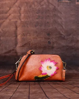 Womens Lotus Flower Brown Leather Wristlet Wallets Shoulder Bag Small Crossbody Bag for Women