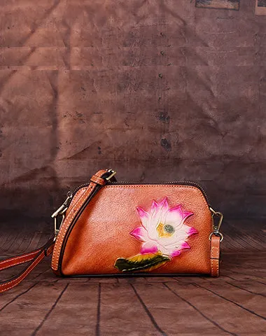 Womens Lotus Flower Brown Leather Wristlet Wallets Shoulder Bag Small Crossbody Bag for Women