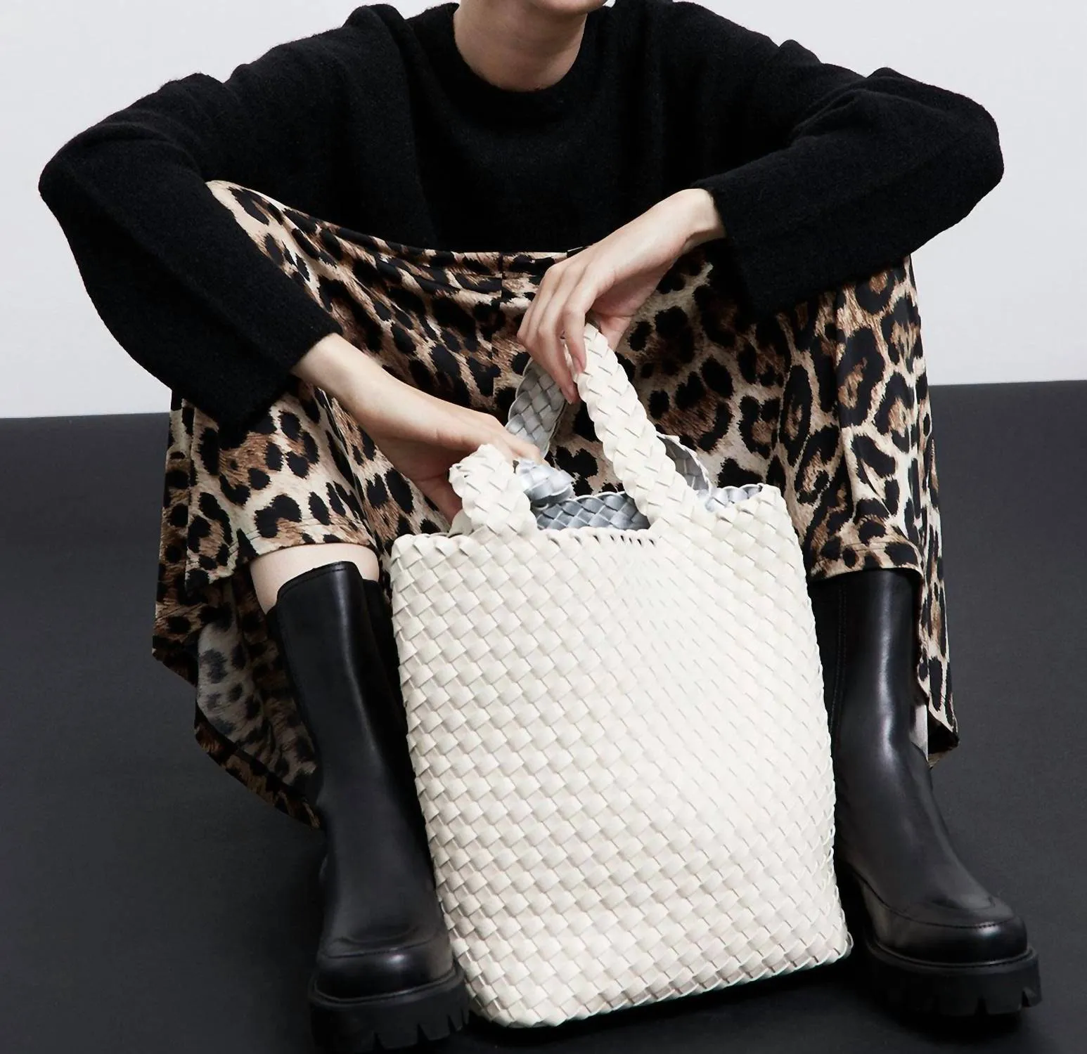 Women's Reversible Woven Mini Tote Bag In Egg White Silver