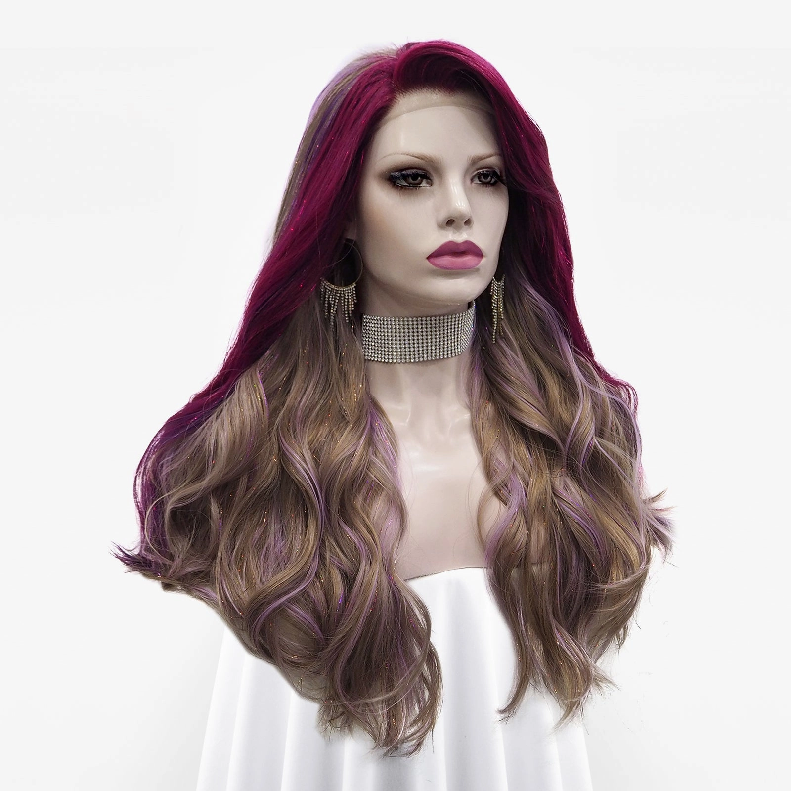 Zoey - Pink Purple and Blonde with Tinsel  Long Wavy Synthetic Lace Front Wig