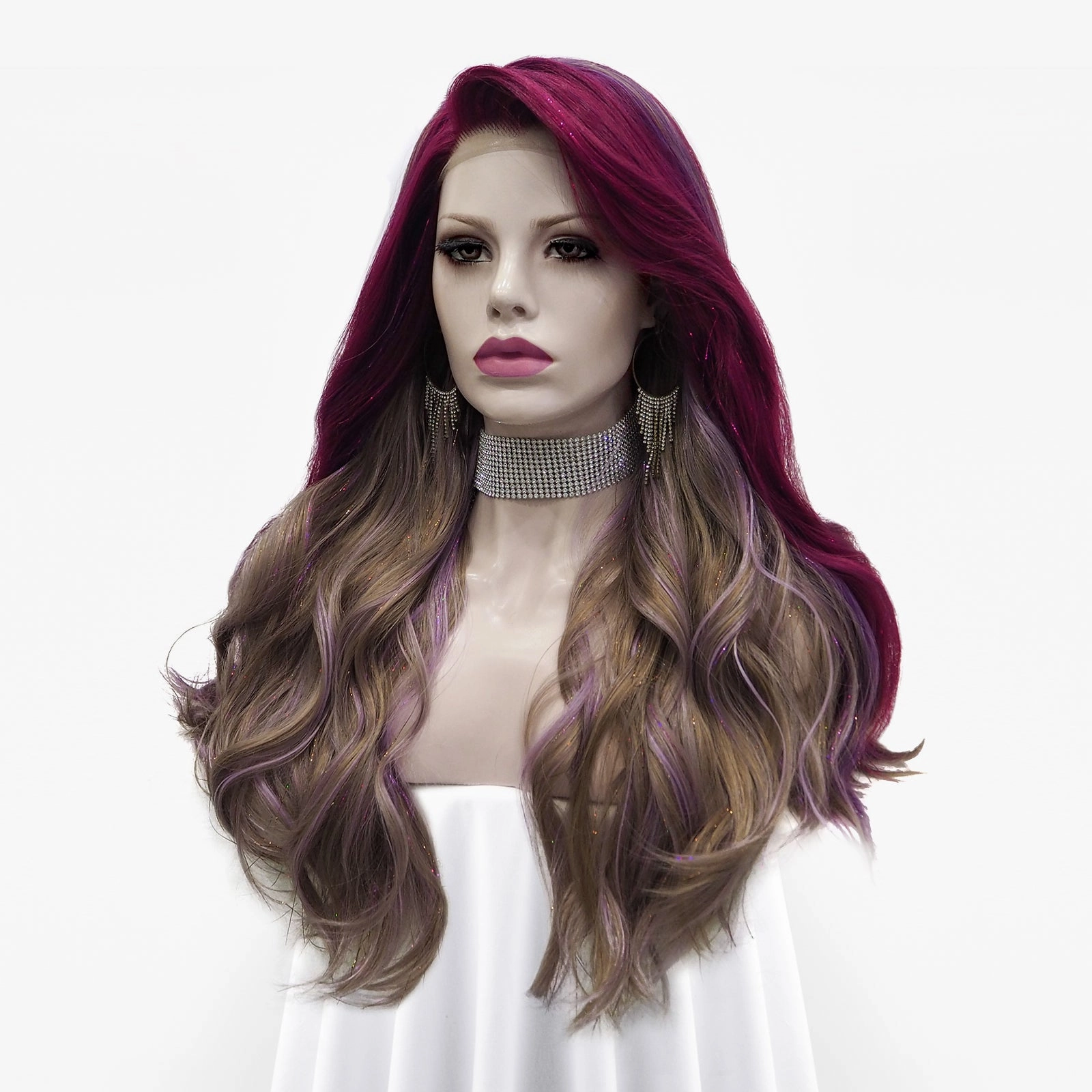 Zoey - Pink Purple and Blonde with Tinsel  Long Wavy Synthetic Lace Front Wig