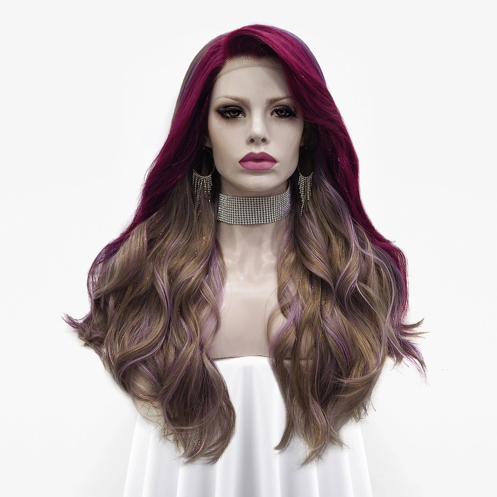 Zoey - Pink Purple and Blonde with Tinsel  Long Wavy Synthetic Lace Front Wig